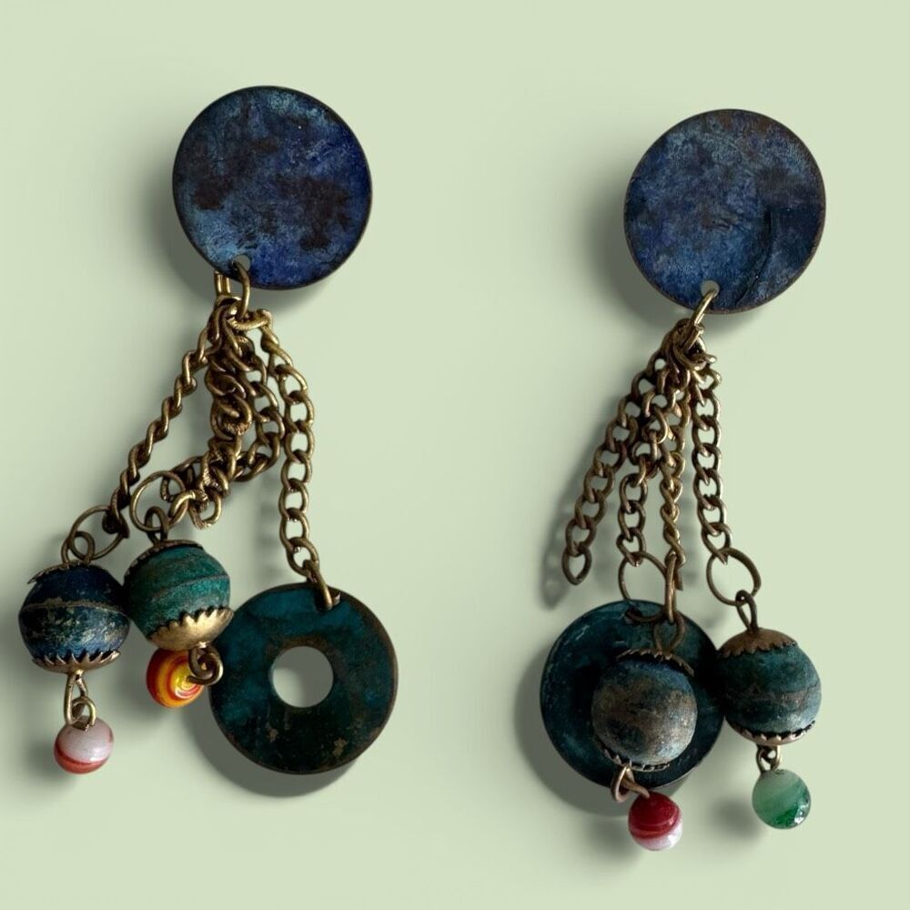 Vintage Copper Blue Green Patina Statement Dangle Earrings